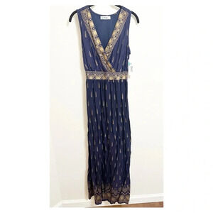 NWT Boho Sleeveless Maxi Dress Navy with Gold Print Hand Made Small